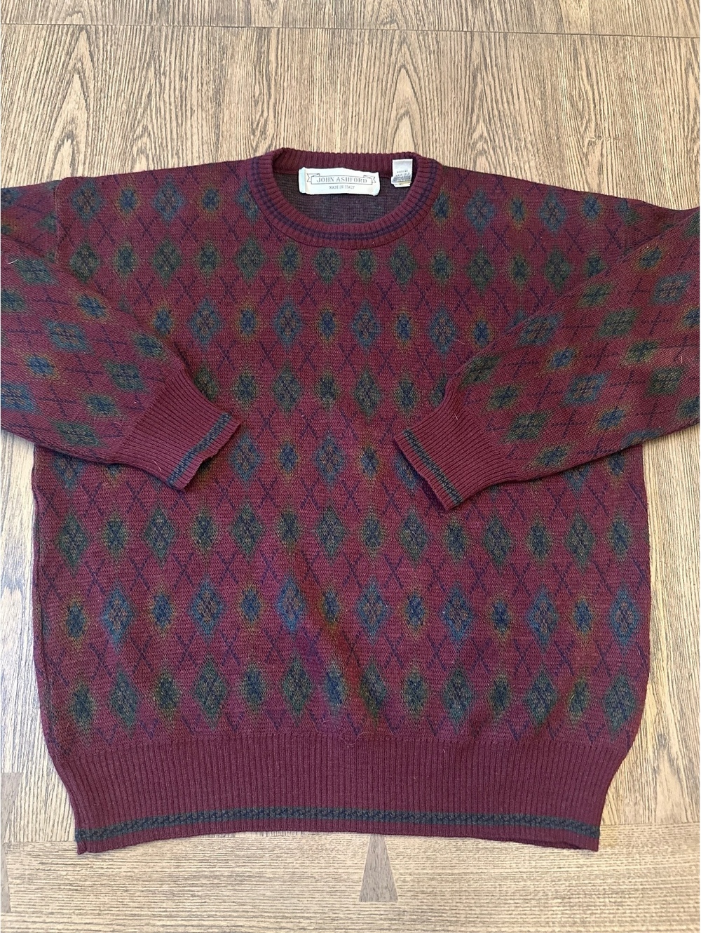 John Ashford Burgundy Argyle Pattern Crew Neck Sweater Made in Italy